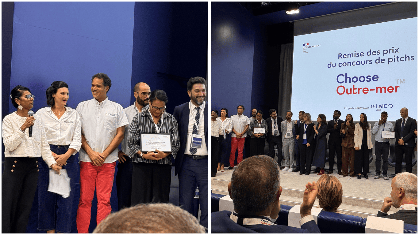 Aude et Jean-Paul Daanen, fondateurs de Maravilla Cosmétiques (accompagnés par Initiative Guadeloupe), aux côtés de Naima Moutchou, des 3 lauréats et 6 autres finalistes du concours de pitch Choose outre-mer.